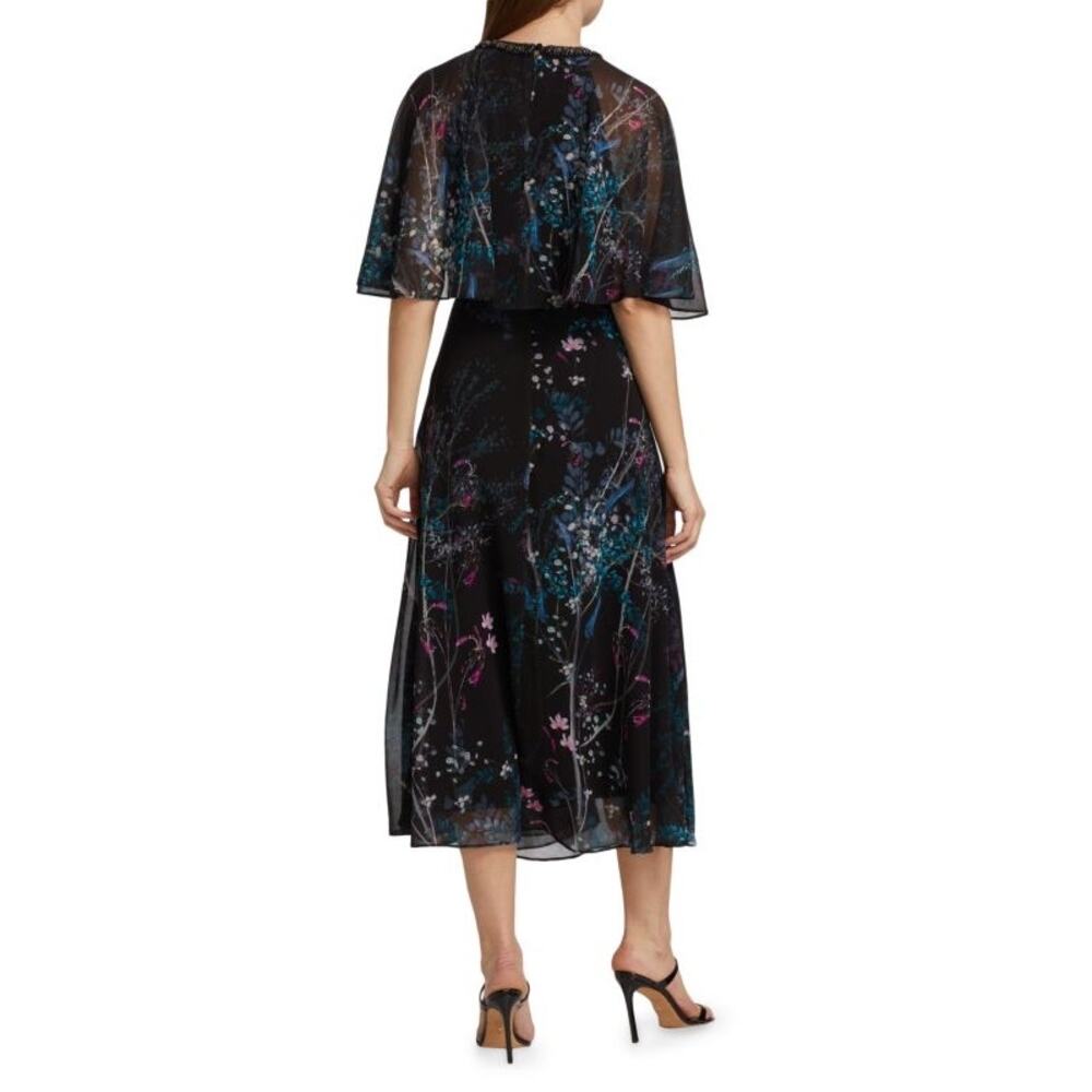 Teri Jon Rickie Freeman Chiffon Capelet Black Floral Cocktail Midi Dress 8 - Picture 3 of 14